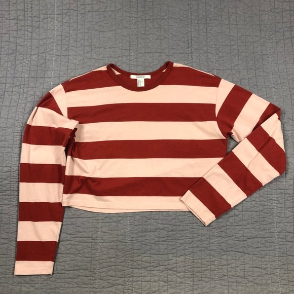 Forever 21 Tops - 4/$15 Forever 21 Shirt Women Small Red Pink Striped Long Sleeve Cropped
